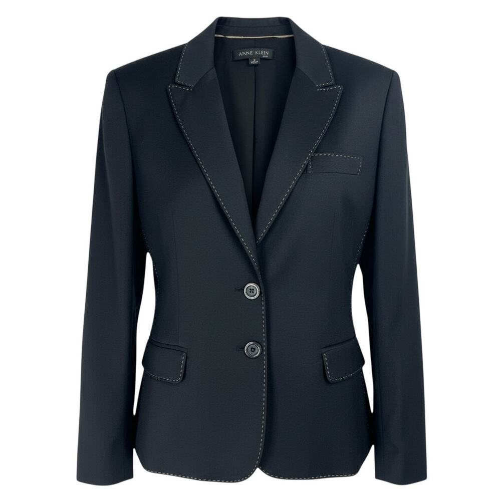 Anne Klein Women's Size 10 Black Two-Button Suit Jacket Contrasting Topstiching